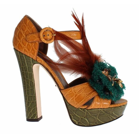 Dolce & Gabbana Orange Leather Crystal Platform Sandal Women's Shoes